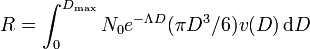 R = \int_{0}^{D_\text{max}}  N_0 e^{-\Lambda D}(\pi D^3/6) v(D)\,\text{d}D 