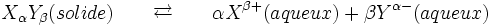 X_{\alpha} Y_{\beta} (solide) {\qquad}\overrightarrow{\rm{\leftarrow }}{\qquad} \alpha X^{\beta+} (aqueux)+\beta Y^{\alpha-} (aqueux) 