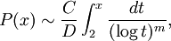 P(x) \sim \frac{C}{D} \int_2^x \frac{dt}{(\log t)^m},\,