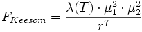  F_{Keesom} = {{ \lambda (T) \cdot \mu_1^2 \cdot \mu_2^2 } \over {r^7}}\, 