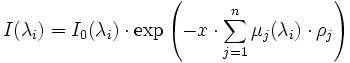 I(\lambda_i) = I_0(\lambda_i) \cdot \exp \left (- x \cdot \sum_{j = 1}^n \mu_j (\lambda_i) \cdot \rho_j \right )