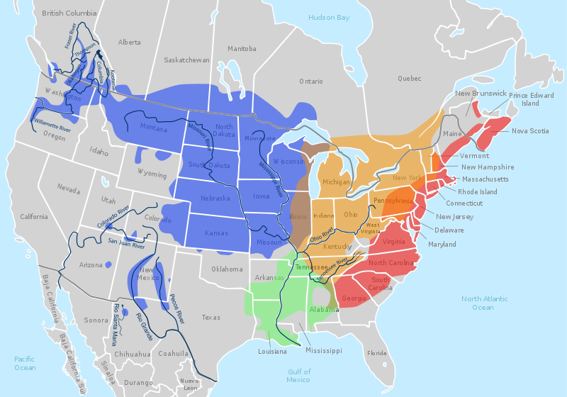 Carte d'Amérique du Nord montrant les aires de répartition de chacune des sous-espèces en différentes couleurs