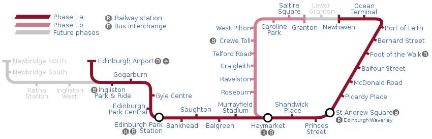 Carte du nouveau réseau de tramway d'Édimbourg