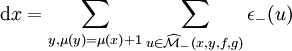 \mathrm dx=\sum_{y,\mu(y)=\mu(x)+1}\sum_{u\in\widehat{\mathcal{M}}_-(x,y,f,g)}\epsilon_-(u)