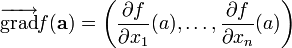 \overrightarrow{\operatorname{grad}}f(\mathbf{a}) = \left( \frac{\partial f}{\partial x_1}(a), \dots , \frac{\partial f}{\partial x_n}(a) \right)