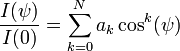 
\frac{I(\psi)}{I(0)} = \sum_{k=0}^N a_k \, \textrm{cos}^k(\psi)
