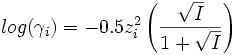 log  (\gamma_i) = - 0.5 z_i^2 \left ( \frac{\sqrt{I}}{1 + \sqrt{I}} \right ) \,\!