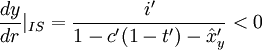\frac{dy}{dr} |_{IS} = \frac{i'}{1-c'(1-t')-\hat x'_y} < 0 