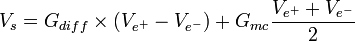 V_{s}=G_{diff}\times(V_{e^+} - V_{e^-})+G_{mc}\frac{V_{e^+} + V_{e^-}}{2}