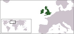 Localisation du Royaume-Uni de Grande-Bretagne et d'Irlande (en vert) en Europe.