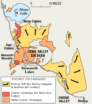 Carte schématique de la caldeira de Long Valley.