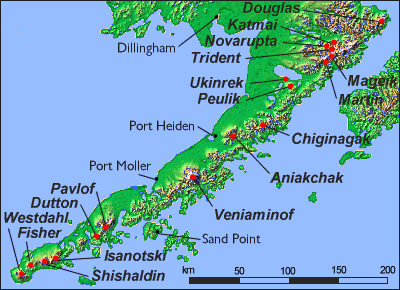 Carte montrant les volcans de la péninsule d'Alaska.