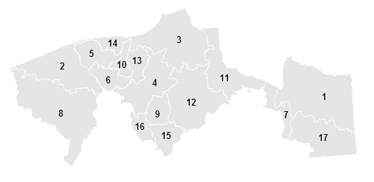 Carte des 17 municipalités du Tabasco.
