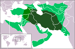 En vert foncé : l'Empire sassanide sous Khosrô II (620).En vert, les zones disputées avec l'Empire byzantin.En vert clair : l'Empire sassanide à son apogée (610).