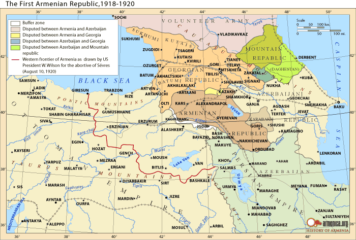 La Première République (en brun). La frontière occidentale de l'« Arménie wilsonienne » est marquée par un trait rouge.
