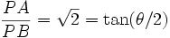 \frac{PA}{PB} =\sqrt 2 = \tan(\theta/2)