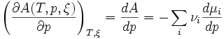 \left ( \frac {\partial A(T, p, \xi)}{\partial p} \right )_{T, \xi} =  \frac{dA}{dp} =  - \sum_{i}\nu_i\frac {d\mu_i}{dp}~