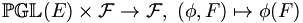 \mathbb{PGL}(E) \times \mathcal{F} \rightarrow \mathcal{F},\ (\phi,F) \mapsto \phi(F)