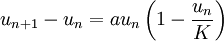  u_{n+1} - u_n = au_n\left(1-\frac{u_n}{K}\right)