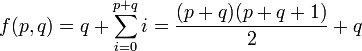 f(p,q)=q+\sum_{i=0}^{p+q}i={(p+q)(p+q+1)\over 2}+q