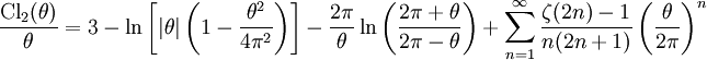 \frac{\operatorname{Cl}_2(\theta)}{\theta} = 
3-\ln\left[|\theta| \left(1-\frac{\theta^2}{4\pi^2}\right)\right]
-\frac{2\pi}{\theta} \ln \left( \frac{2\pi+\theta}{2\pi-\theta}\right) 
+\sum_{n=1}^\infty \frac{\zeta(2n)-1}{n(2n+1)} \left(\frac{\theta}{2\pi}\right)^n
