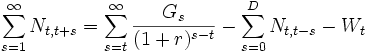 \sum_{s=1}^{\infty}{N_{t,t+s}}=\sum_{s=t}^{\infty}{\frac{G_s}{(1+r)^{s-t}}}-\sum_{s=0}^D{N_{t,t-s}}-W_t