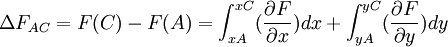  \Delta F_{AC} = F(C) - F(A) = \int_{xA}^{xC} (\frac{\partial F}{\partial x}) dx + \int_{yA}^{yC}(\frac{\partial F}{\partial y}) dy