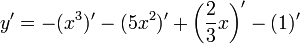 y'=-(x^3)'-(5x^2)'+\left (\frac{2}{3}x\right )'-(1)'\,