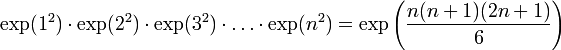 \exp(1^2)\cdot\exp(2^2)\cdot\exp(3^2)\cdot\ldots\cdot\exp(n^2) = \exp\left(\frac{n(n+1)(2n+1)}{6}\right)