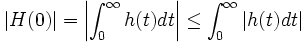 |H(0)|=\left|\int_0^\infty h(t)dt\right| \le \int_0^\infty |h(t)dt|