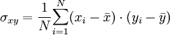 \sigma_{xy} =\frac{1}{N}{\sum_{i=1}^N (x_i - \bar x)\cdot(y_i - \bar y)}