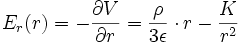 E_r(r)=   - {\partial V \over \partial r}  = \frac{\rho}{3\epsilon}\cdot r - \frac{K}{r^2}

