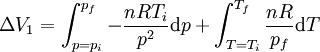 
\Delta V_1 = \int_{p=p_i}^{p_f} -\frac{nRT_i}{p^2}\mathrm dp + \int_{T=T_i}^{T_f} \frac{nR}{p_f}\mathrm dT
