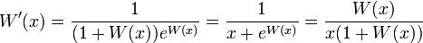W'(x)=\frac{1}{(1+W(x))e^{W(x)}}=\frac{1}{x+e^{W(x)}}=\frac{W(x)}{x(1+W(x))}