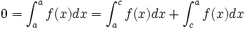 0=\int_a^a f(x) dx= \int_a^c f(x) dx+ \int_c^a f(x) dx\,